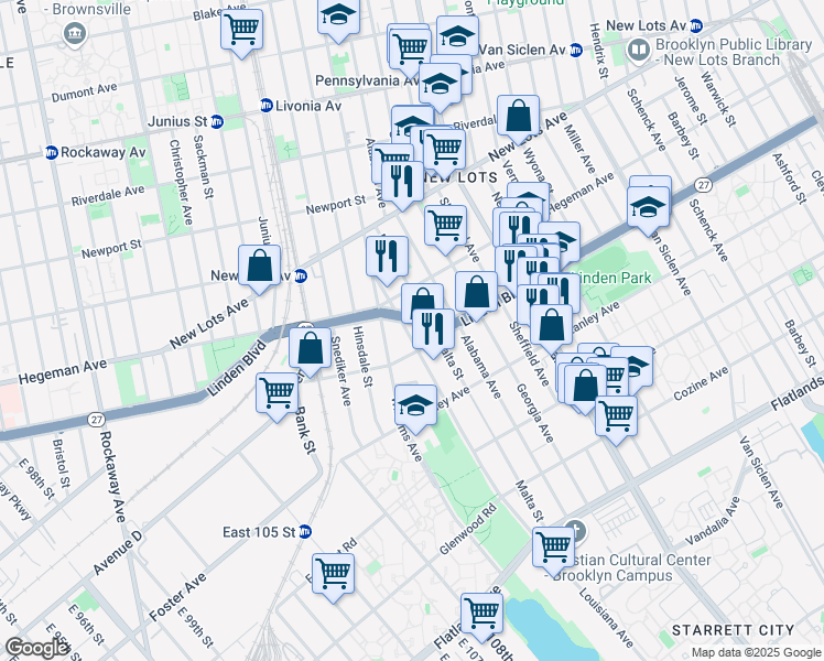 map of restaurants, bars, coffee shops, grocery stores, and more near 89 Louisiana Avenue in Brooklyn