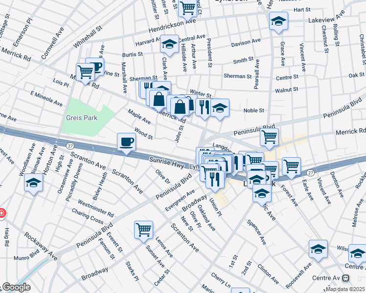 map of restaurants, bars, coffee shops, grocery stores, and more near 145 Lyon Place in Lynbrook