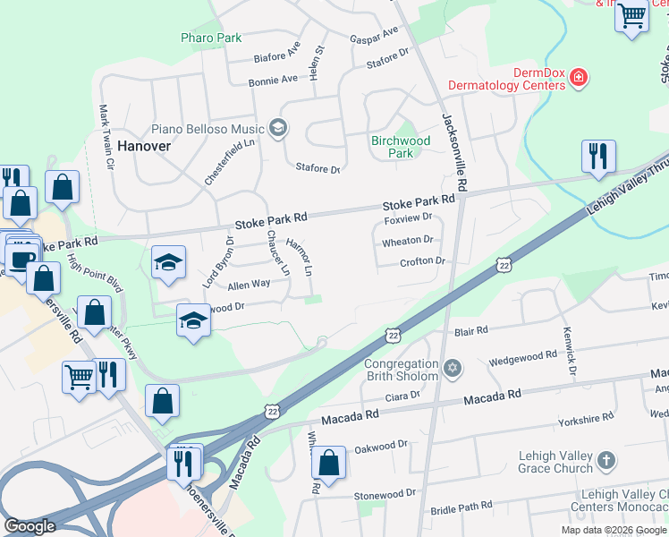 map of restaurants, bars, coffee shops, grocery stores, and more near 1102 Foxview Drive in Bethlehem
