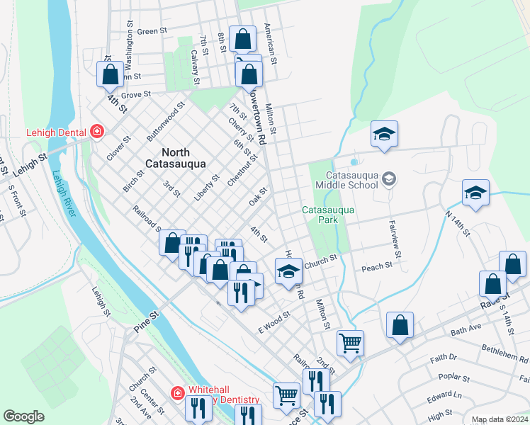 map of restaurants, bars, coffee shops, grocery stores, and more near 520 5th Street in Catasauqua
