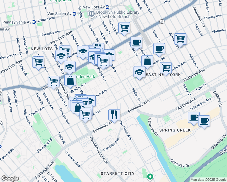 map of restaurants, bars, coffee shops, grocery stores, and more near 270 Wortman Avenue in Brooklyn