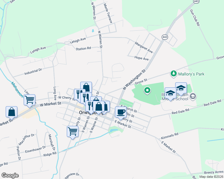 map of restaurants, bars, coffee shops, grocery stores, and more near 219 Grove St in Orwigsburg