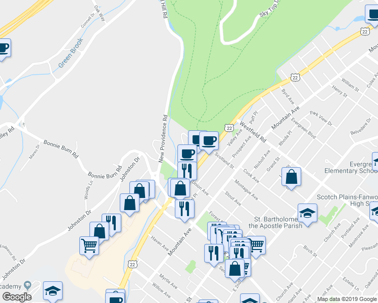 map of restaurants, bars, coffee shops, grocery stores, and more near 105 Donato Circle in Scotch Plains
