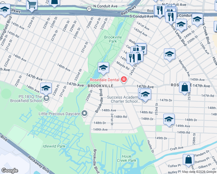 map of restaurants, bars, coffee shops, grocery stores, and more near 239-11 147th Avenue in Queens
