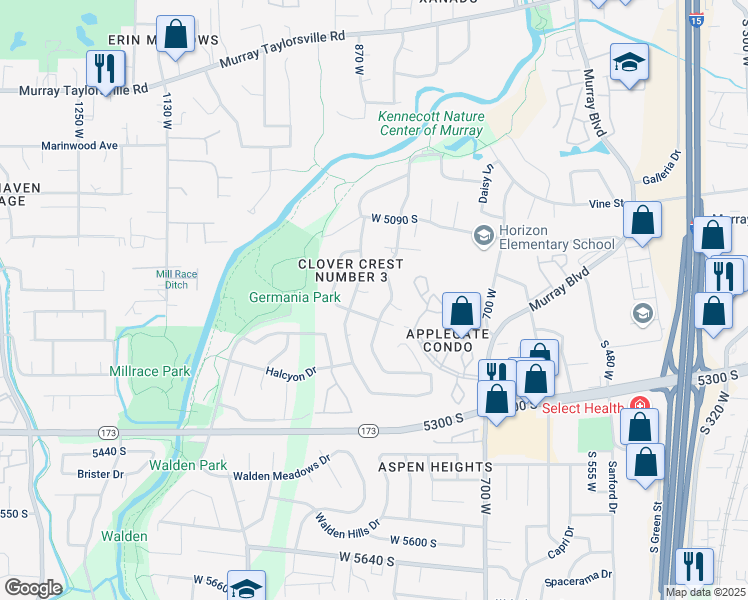 map of restaurants, bars, coffee shops, grocery stores, and more near 865 Clover Meadow Circle in Murray