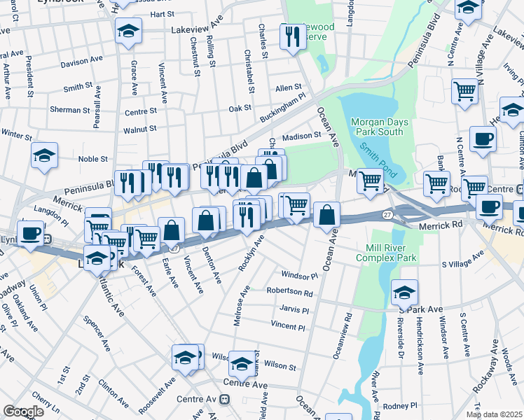 map of restaurants, bars, coffee shops, grocery stores, and more near 28 Hutcheson Place in Lynbrook