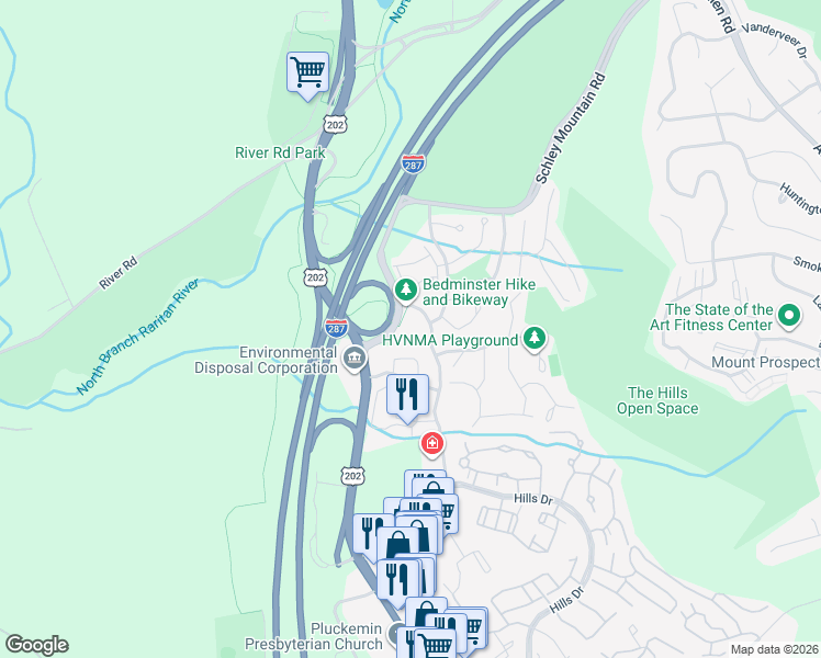 map of restaurants, bars, coffee shops, grocery stores, and more near 206 RR 202 in Bedminster
