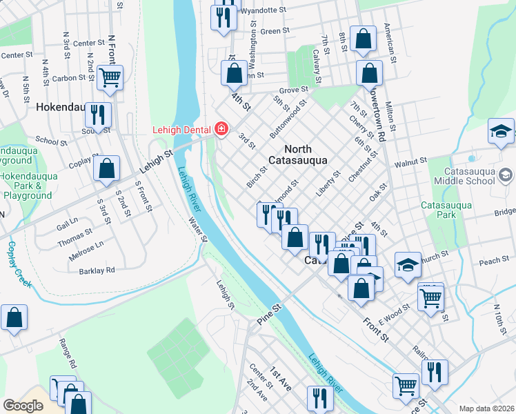 map of restaurants, bars, coffee shops, grocery stores, and more near 1105 Front Street in Catasauqua
