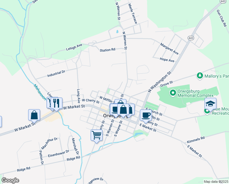 map of restaurants, bars, coffee shops, grocery stores, and more near 215 West Tammany Street in Orwigsburg