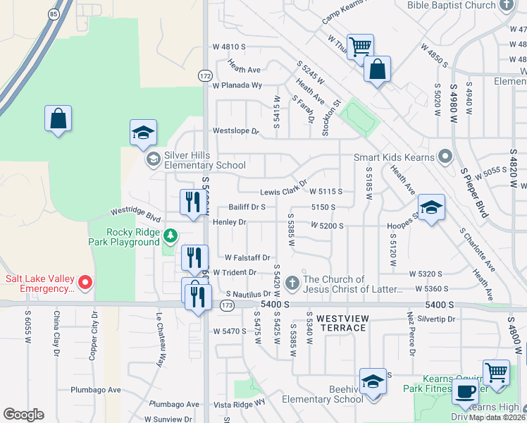 map of restaurants, bars, coffee shops, grocery stores, and more near 5465 Bailiff Drive South in Kearns
