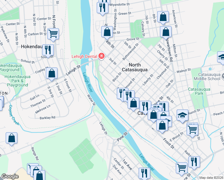 map of restaurants, bars, coffee shops, grocery stores, and more near 1105 Front Street in Catasauqua