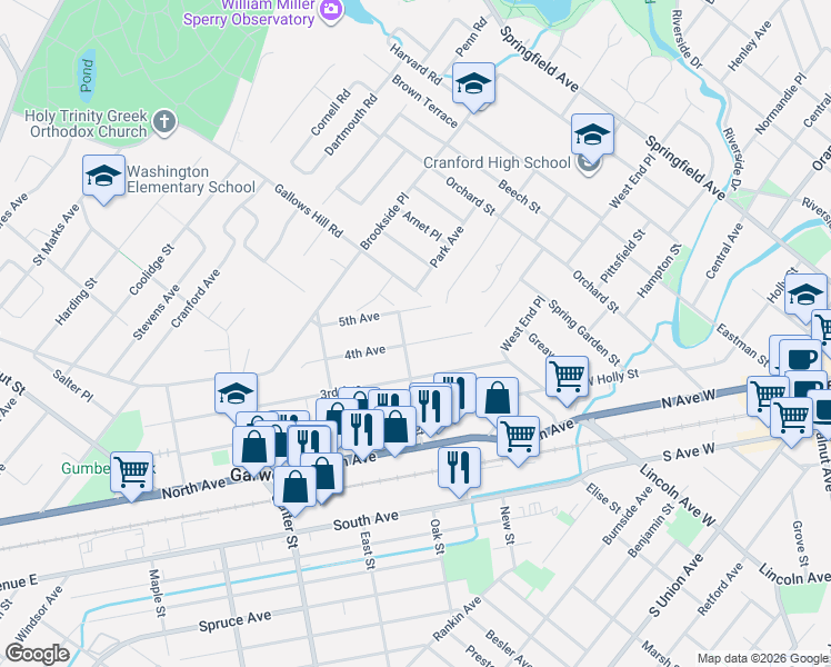 map of restaurants, bars, coffee shops, grocery stores, and more near 416 Oak Street in Garwood
