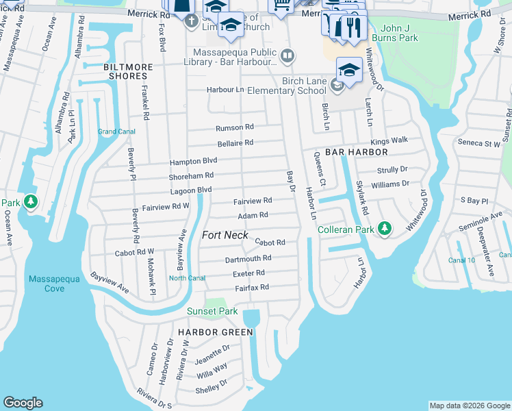 map of restaurants, bars, coffee shops, grocery stores, and more near 130 Fairview Road in Massapequa