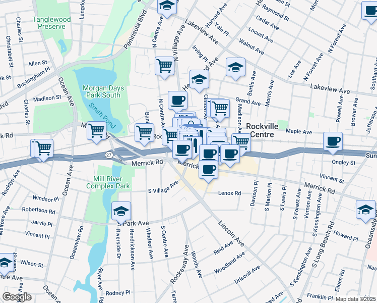 map of restaurants, bars, coffee shops, grocery stores, and more near 212 New York 27 in Rockville Centre