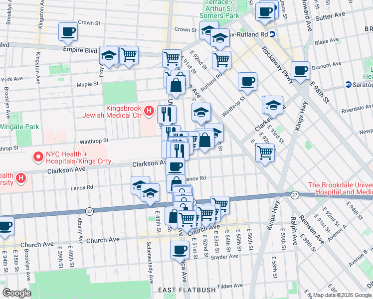 map of restaurants, bars, coffee shops, grocery stores, and more near 194 East 51st Street in Brooklyn