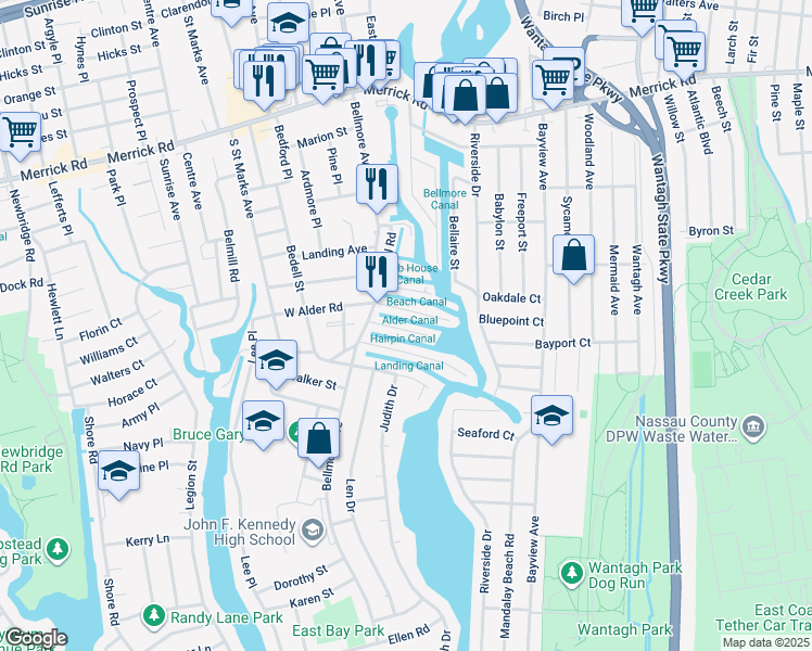 map of restaurants, bars, coffee shops, grocery stores, and more near 114 Beach Avenue in Bellmore