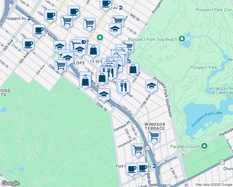 map of restaurants, bars, coffee shops, grocery stores, and more near 528 17th Street in Brooklyn