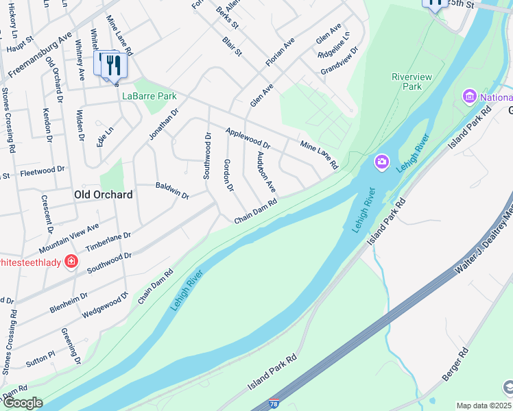 map of restaurants, bars, coffee shops, grocery stores, and more near 3552 Glen Avenue in Easton