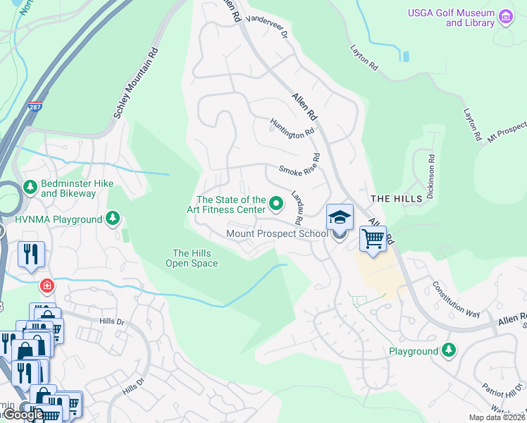 map of restaurants, bars, coffee shops, grocery stores, and more near 7 Kensington Road in Bedminster