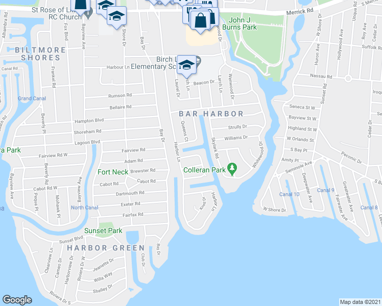 map of restaurants, bars, coffee shops, grocery stores, and more near 59 Overlea North in Massapequa Park