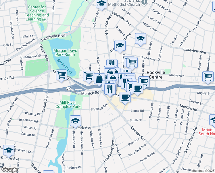 map of restaurants, bars, coffee shops, grocery stores, and more near 182 New York 27 in Rockville Centre