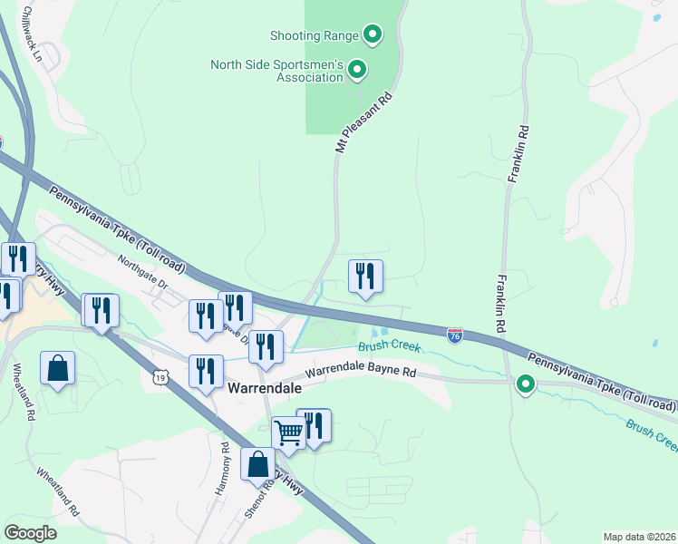 map of restaurants, bars, coffee shops, grocery stores, and more near 184 Mount Pleasant Road in Warrendale