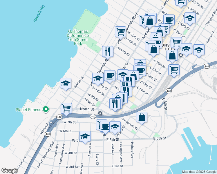 map of restaurants, bars, coffee shops, grocery stores, and more near in Bayonne