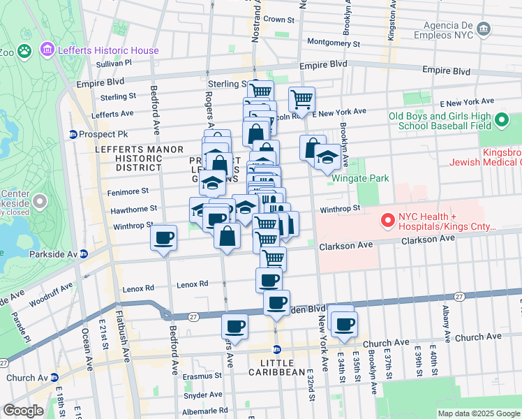 map of restaurants, bars, coffee shops, grocery stores, and more near 1217 Nostrand Avenue in Brooklyn