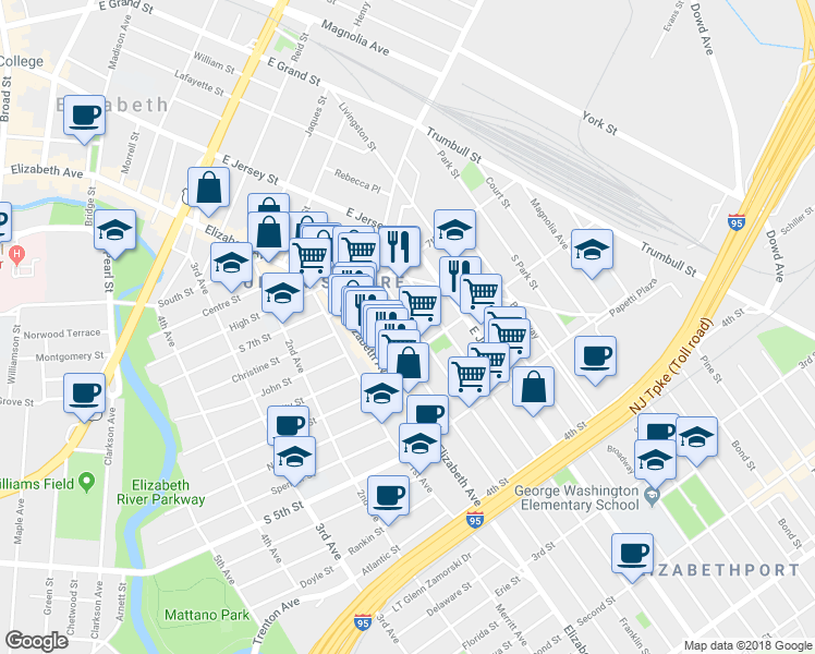 map of restaurants, bars, coffee shops, grocery stores, and more near 618 Franklin Street in Elizabeth