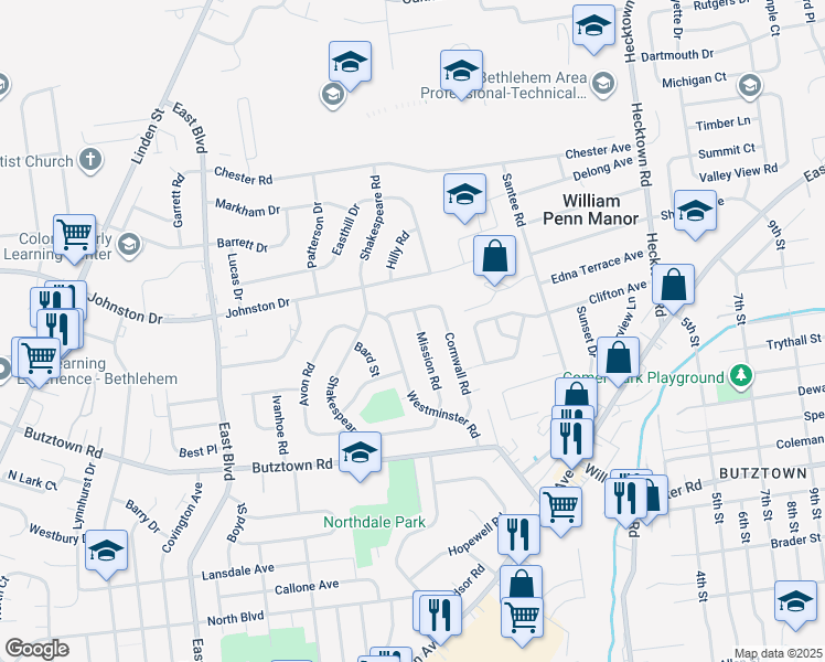 map of restaurants, bars, coffee shops, grocery stores, and more near 3039 Mission Road in Bethlehem