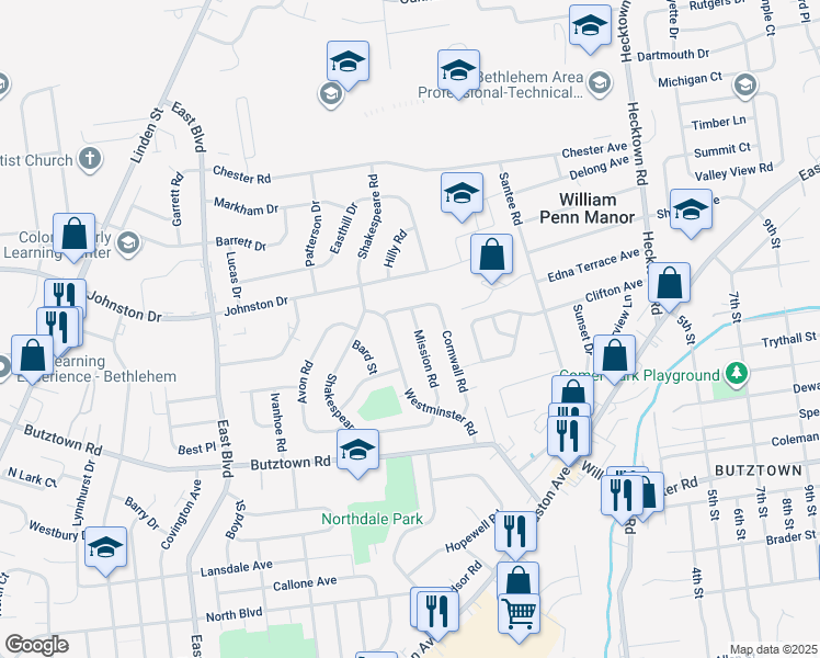 map of restaurants, bars, coffee shops, grocery stores, and more near 3039 Mission Road in Bethlehem