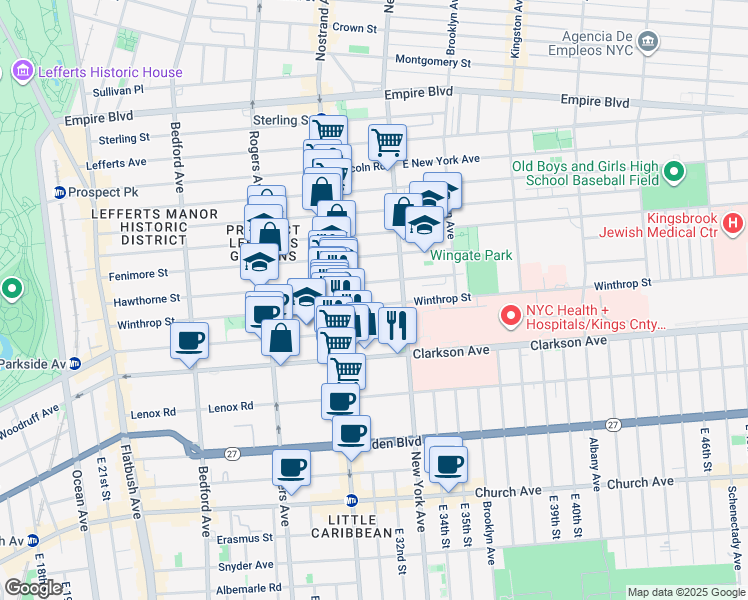 map of restaurants, bars, coffee shops, grocery stores, and more near 339 Winthrop Street in Brooklyn