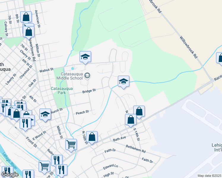 map of restaurants, bars, coffee shops, grocery stores, and more near 201 North 14th Street in Catasauqua