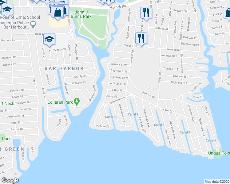 map of restaurants, bars, coffee shops, grocery stores, and more near 18 South Bay Place in Massapequa