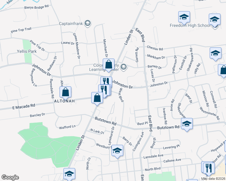 map of restaurants, bars, coffee shops, grocery stores, and more near 1329 Davann Drive in Bethlehem