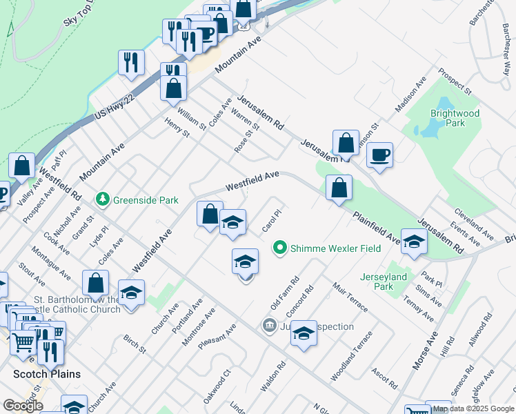 map of restaurants, bars, coffee shops, grocery stores, and more near 2343 Monica Place in Scotch Plains