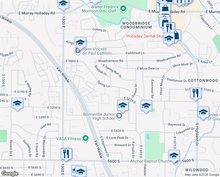 map of restaurants, bars, coffee shops, grocery stores, and more near 1532 Spring Lane in Holladay