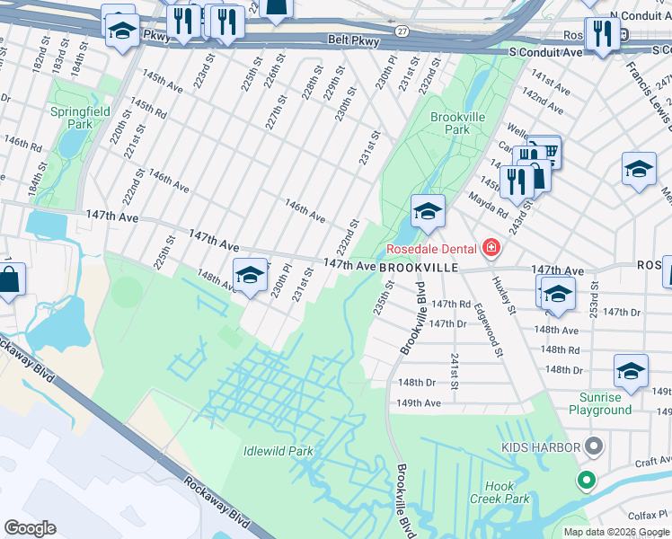 map of restaurants, bars, coffee shops, grocery stores, and more near 232-04 147th Avenue in Queens