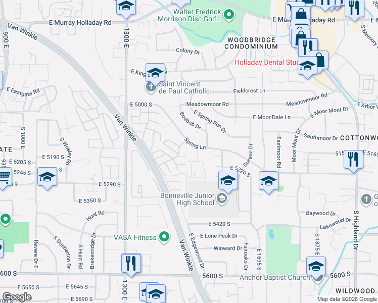 map of restaurants, bars, coffee shops, grocery stores, and more near 1500 Spring Lane in Holladay