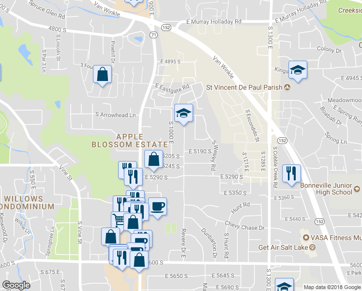 map of restaurants, bars, coffee shops, grocery stores, and more near 5168 South 1045 East in Salt Lake City