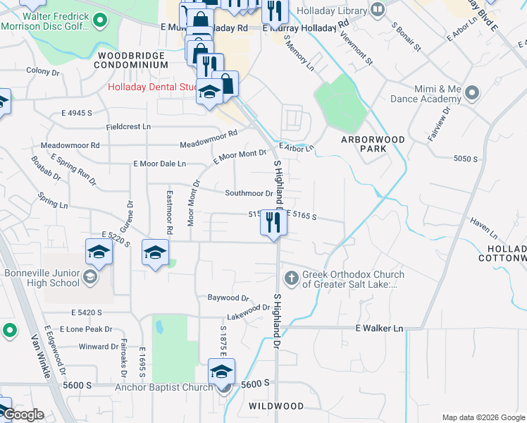 map of restaurants, bars, coffee shops, grocery stores, and more near 1949 5150 South in Holladay
