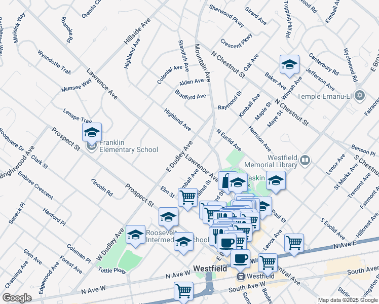 map of restaurants, bars, coffee shops, grocery stores, and more near 304 East Dudley Avenue in Westfield