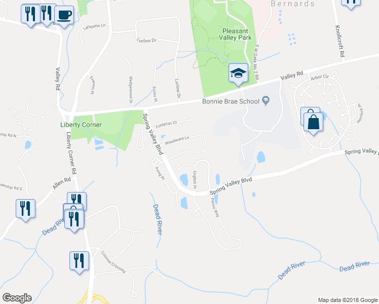 map of restaurants, bars, coffee shops, grocery stores, and more near 143 Woodward Lane in Bernards