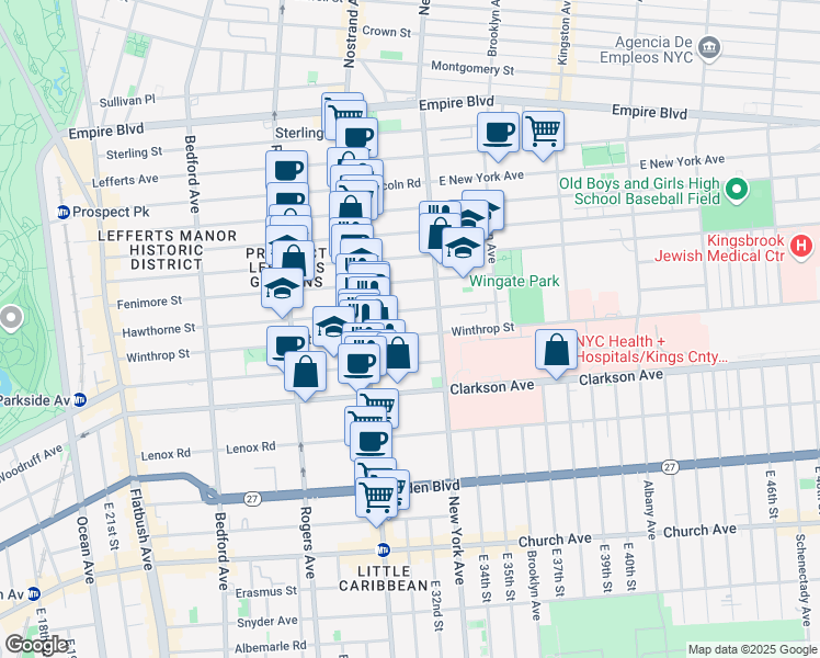 map of restaurants, bars, coffee shops, grocery stores, and more near 339 Winthrop Street in Brooklyn
