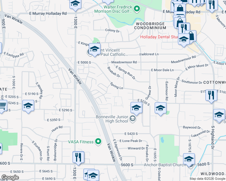 map of restaurants, bars, coffee shops, grocery stores, and more near 1500 Spring Lane in Holladay