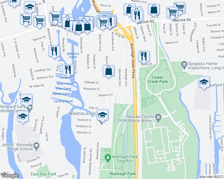map of restaurants, bars, coffee shops, grocery stores, and more near 2541 Sycamore Avenue in Wantagh