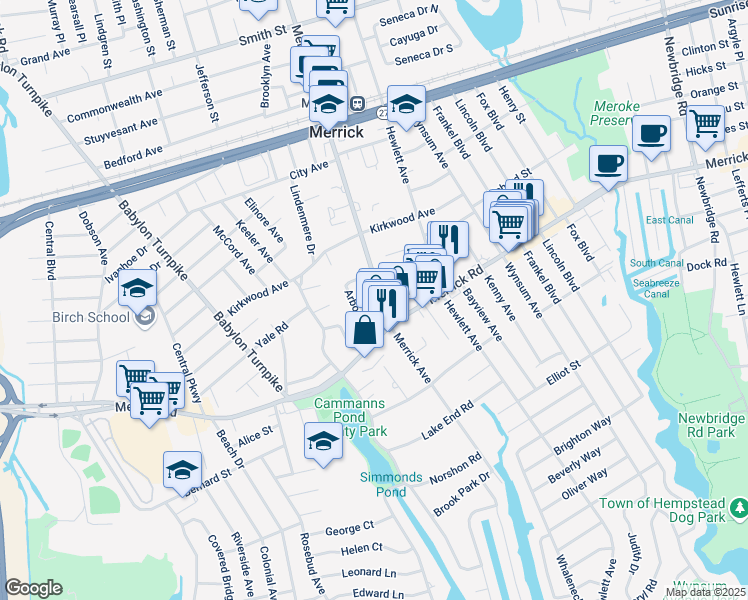 map of restaurants, bars, coffee shops, grocery stores, and more near 2020 Ripley Lane in Merrick