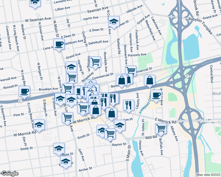 map of restaurants, bars, coffee shops, grocery stores, and more near 19 South Columbus Avenue in Freeport