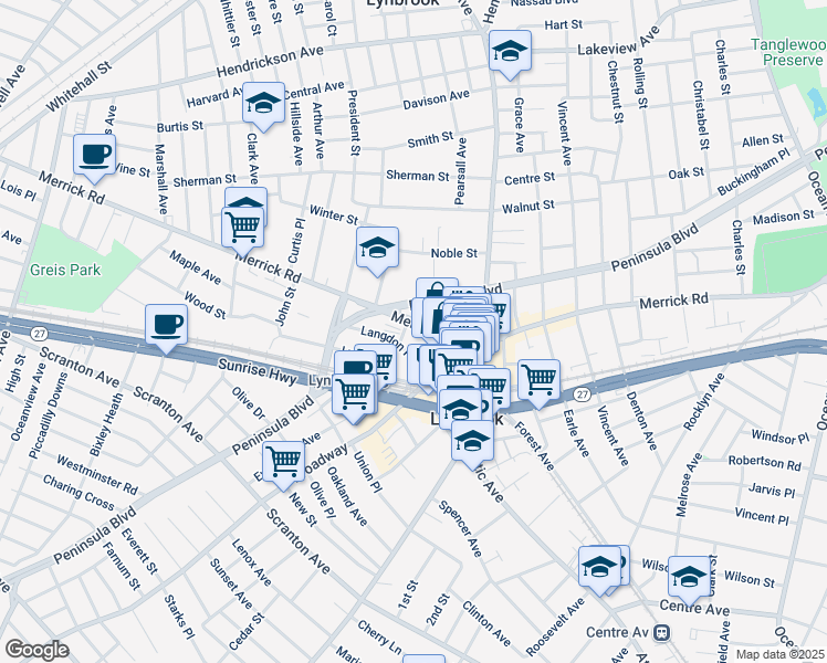 map of restaurants, bars, coffee shops, grocery stores, and more near 360 Merrick Road in Lynbrook