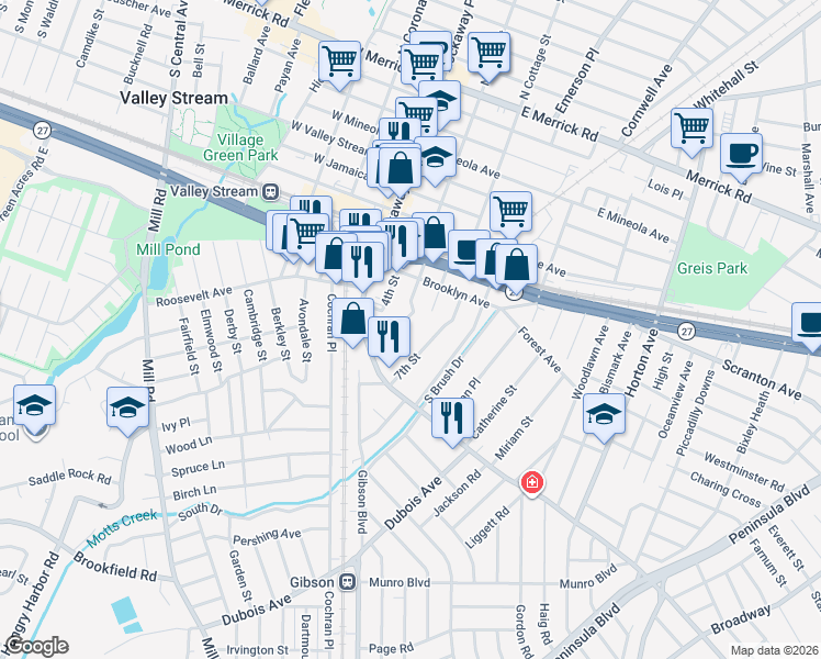 map of restaurants, bars, coffee shops, grocery stores, and more near 28 5th Street in Valley Stream